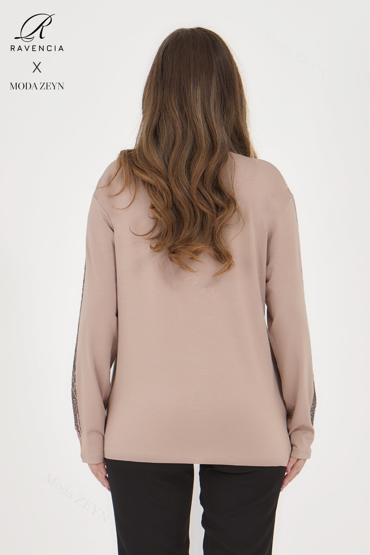 Kadın Viskon Düz Cizgi Taşlı İşlemeli Likralı Anne Penye Bluz