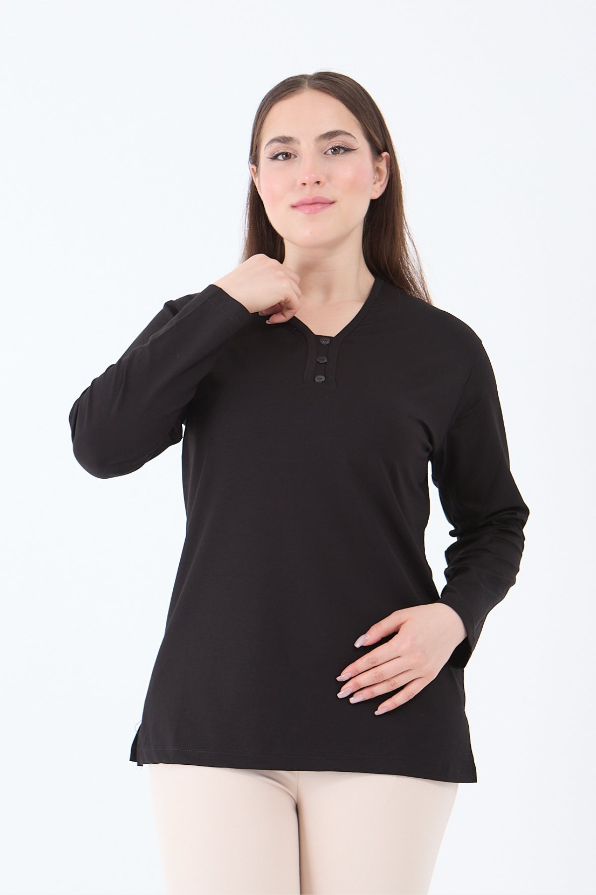 Kadın V Yaka Likralı Viskon Anne Penye Bluz