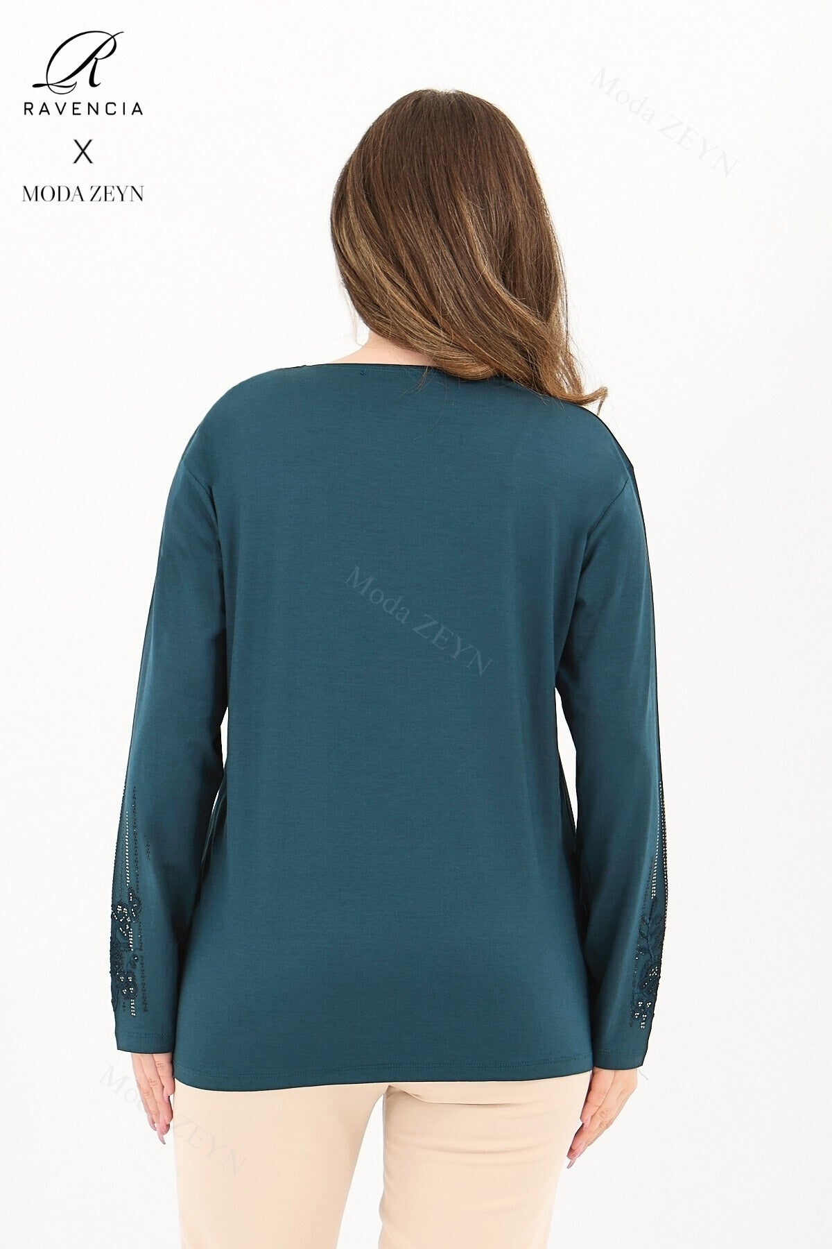 Kadın Orta Yaş Ve Üzeri Viskon Şerit Desen Taşlı Işlemeli Likralı Koyu Kahverengi Anne Penye Bluz