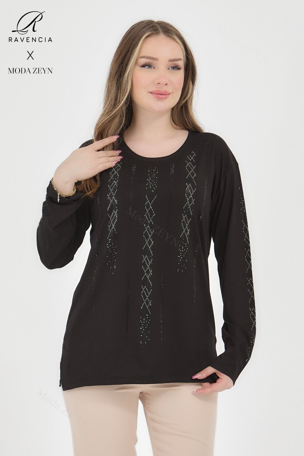 Kadın Viskon Düz Cizgi Taşlı İşlemeli Likralı Anne Penye Bluz