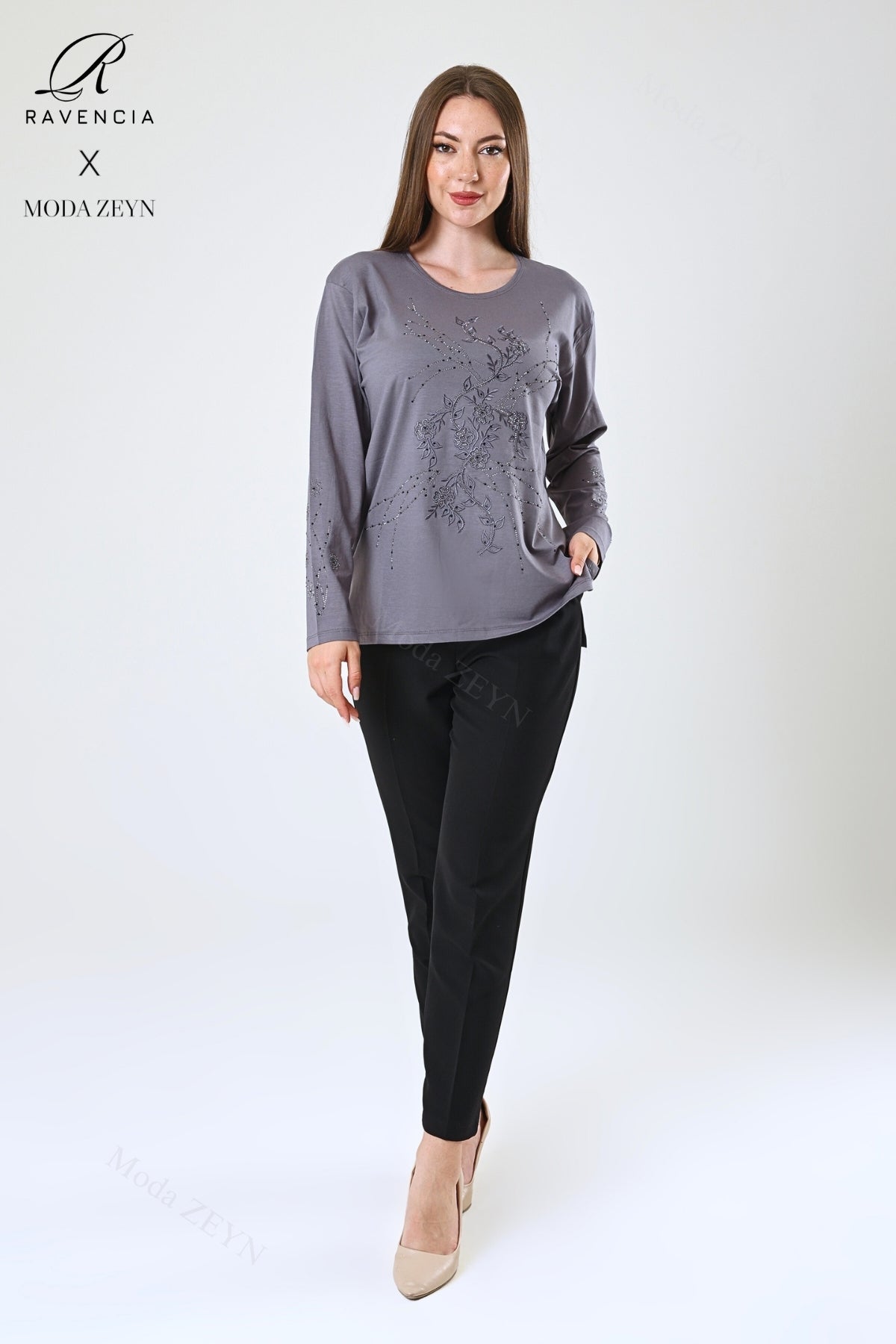 Kadın Orta Yaş Ve Üzeri Viskon Yeni Kaplama Desen Taşlı Işlemeli Likralı Zümrüt Anne Penye Bluz