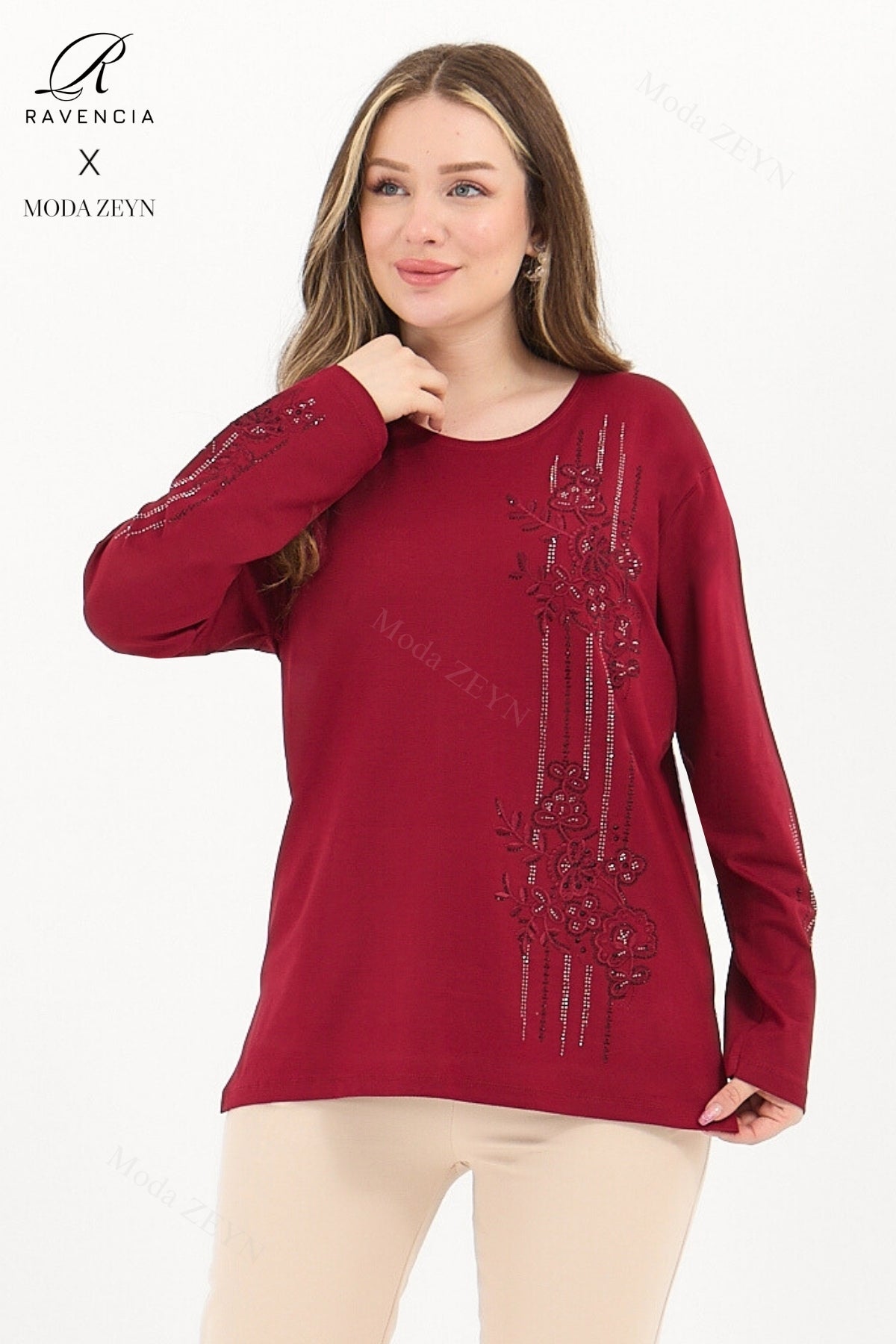 Kadın Şerit Desen Taşlı Işlemeli Yırtmaçlı Likralı Viskon Anne Penye Bluz