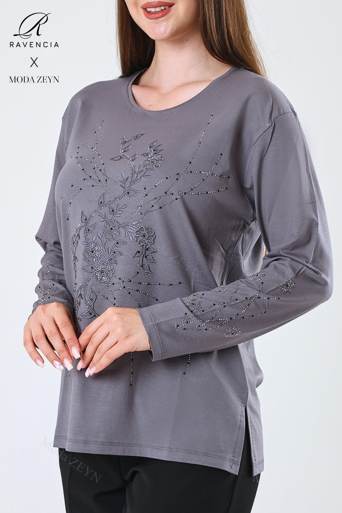 Kadın Viskon Yeni Kaplama Desen Taşlı Işlemeli Likralı Anne Penye Bluz