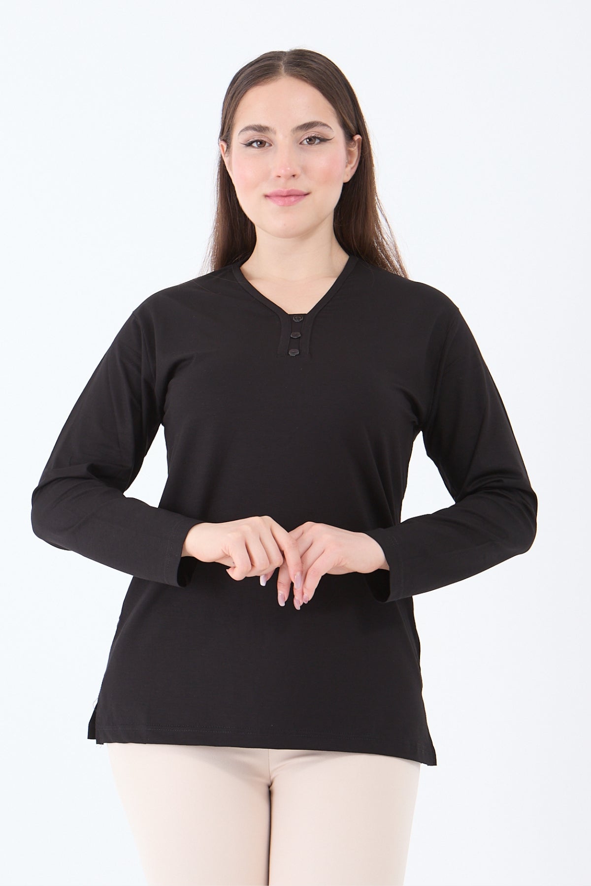 Kadın V Yaka Likralı Viskon Anne Penye Bluz