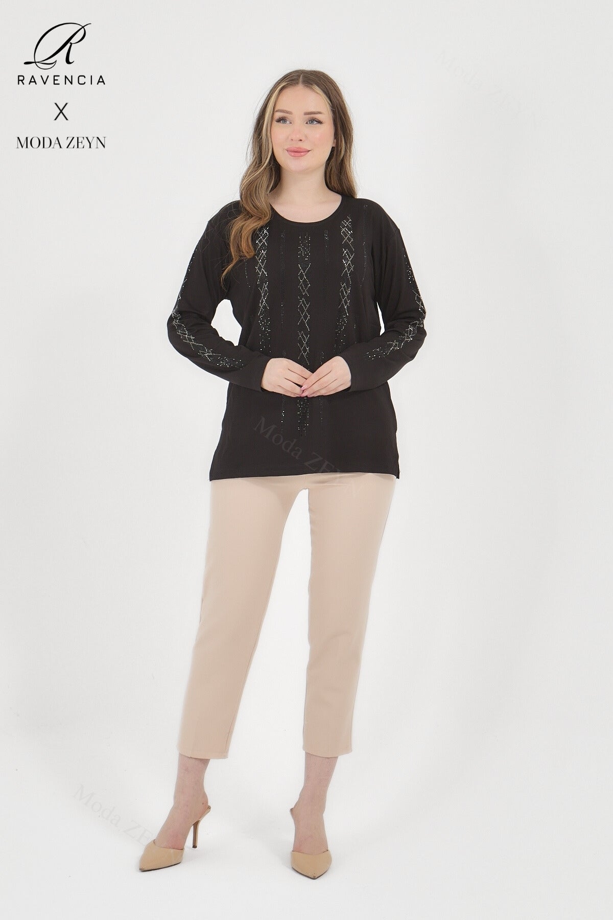 Kadın Viskon Düz Cizgi Taşlı İşlemeli Likralı Anne Penye Bluz