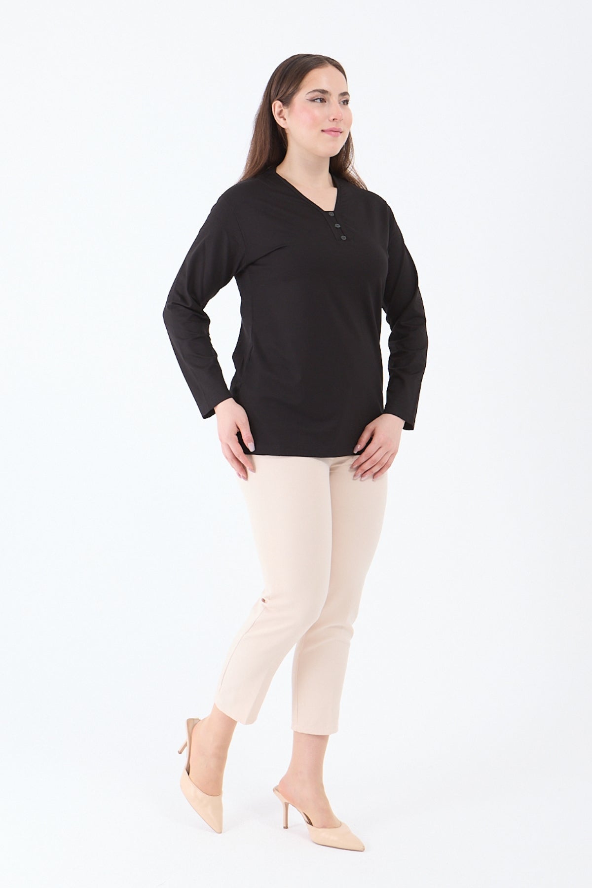 Kadın V Yaka Likralı Viskon Anne Penye Bluz