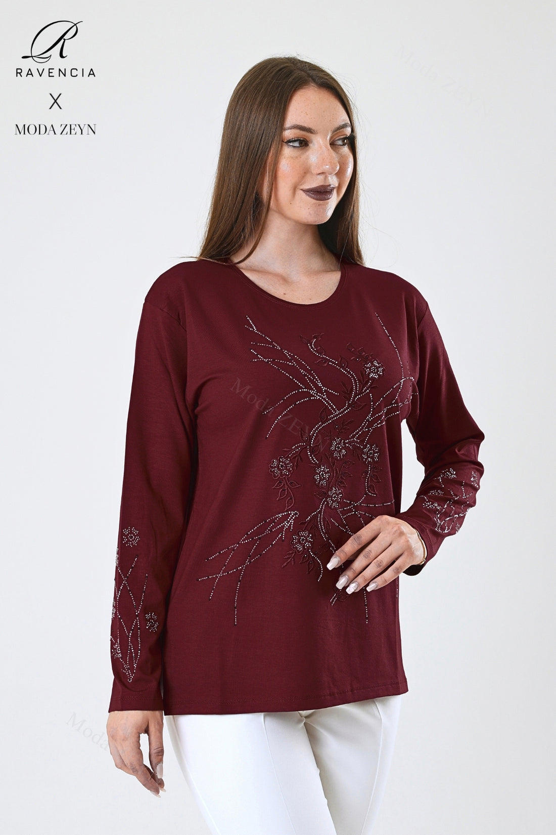 Kadın Orta Yaş Ve Üzeri Viskon Yeni Kaplama Desen Taşlı Işlemeli Likralı Zümrüt Anne Penye Bluz