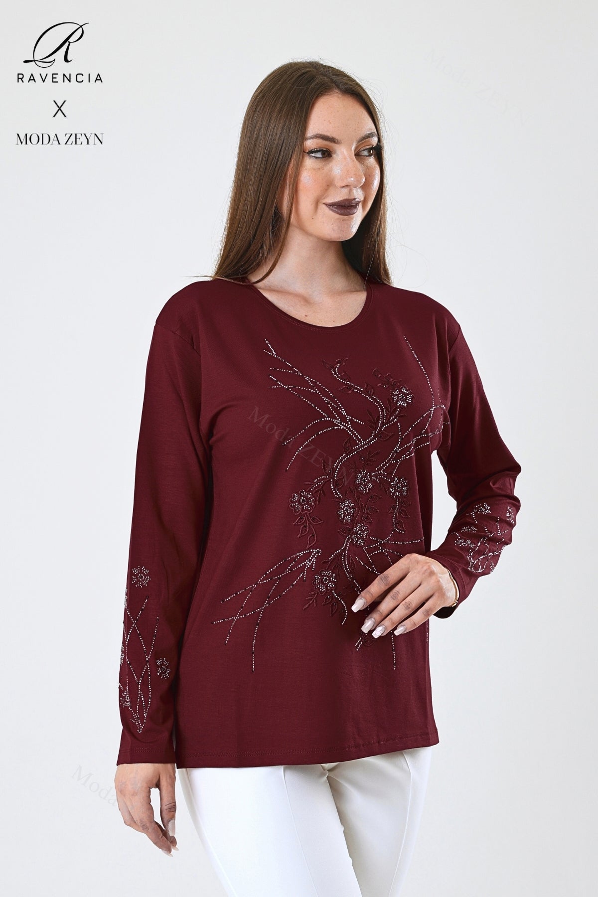 Kadın Viskon Yeni Kaplama Desen Taşlı Işlemeli Likralı Anne Penye Bluz