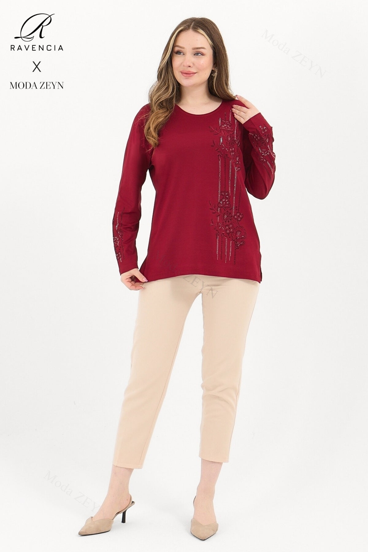 Kadın Orta Yaş Ve Üzeri Viskon Şerit Desen Taşlı Işlemeli Likralı Koyu Kahverengi Anne Penye Bluz