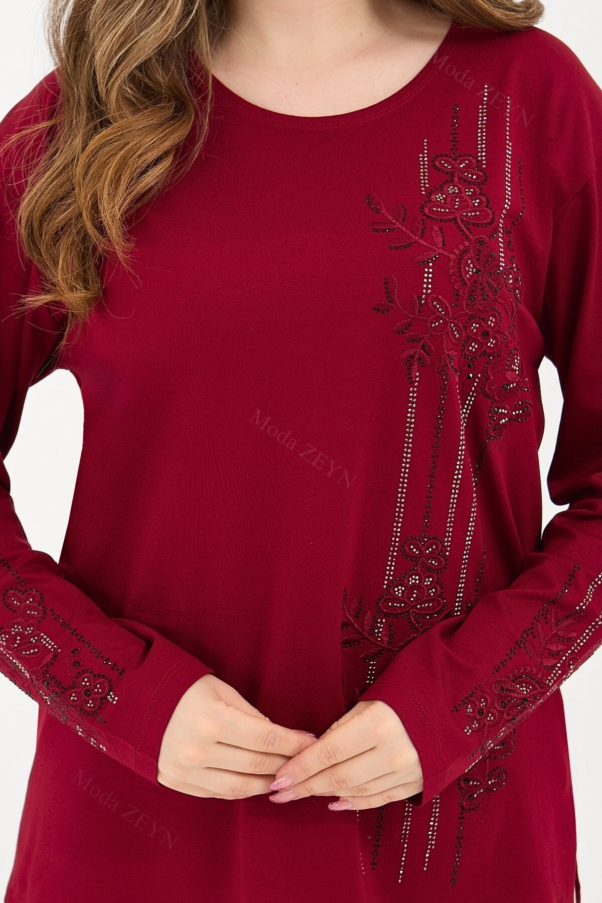 Kadın Orta Yaş Ve Üzeri Viskon Şerit Desen Taşlı Işlemeli Likralı Koyu Kahverengi Anne Penye Bluz