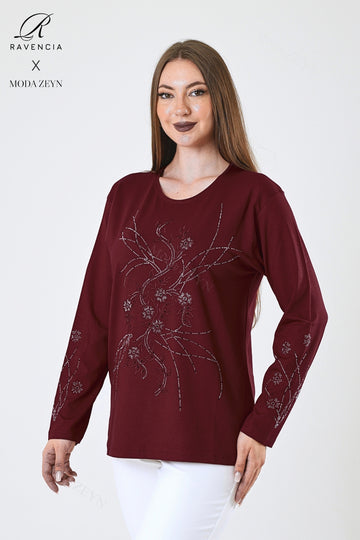 Kadın Orta Yaş Ve Üzeri Viskon Yeni Kaplama Desen Taşlı Işlemeli Likralı Zümrüt Anne Penye Bluz