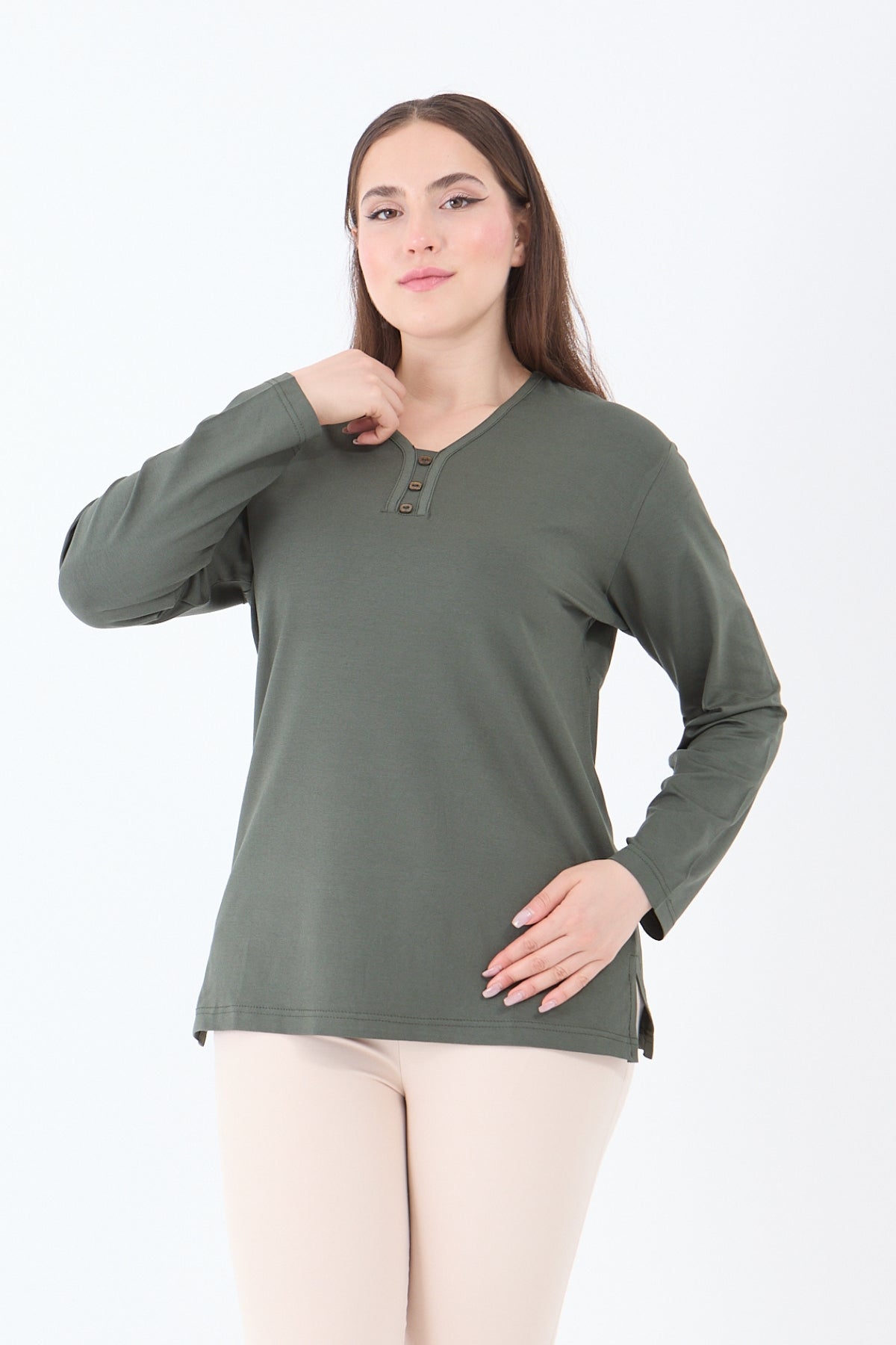 Kadın V Yaka Likralı Viskon Anne Penye Bluz