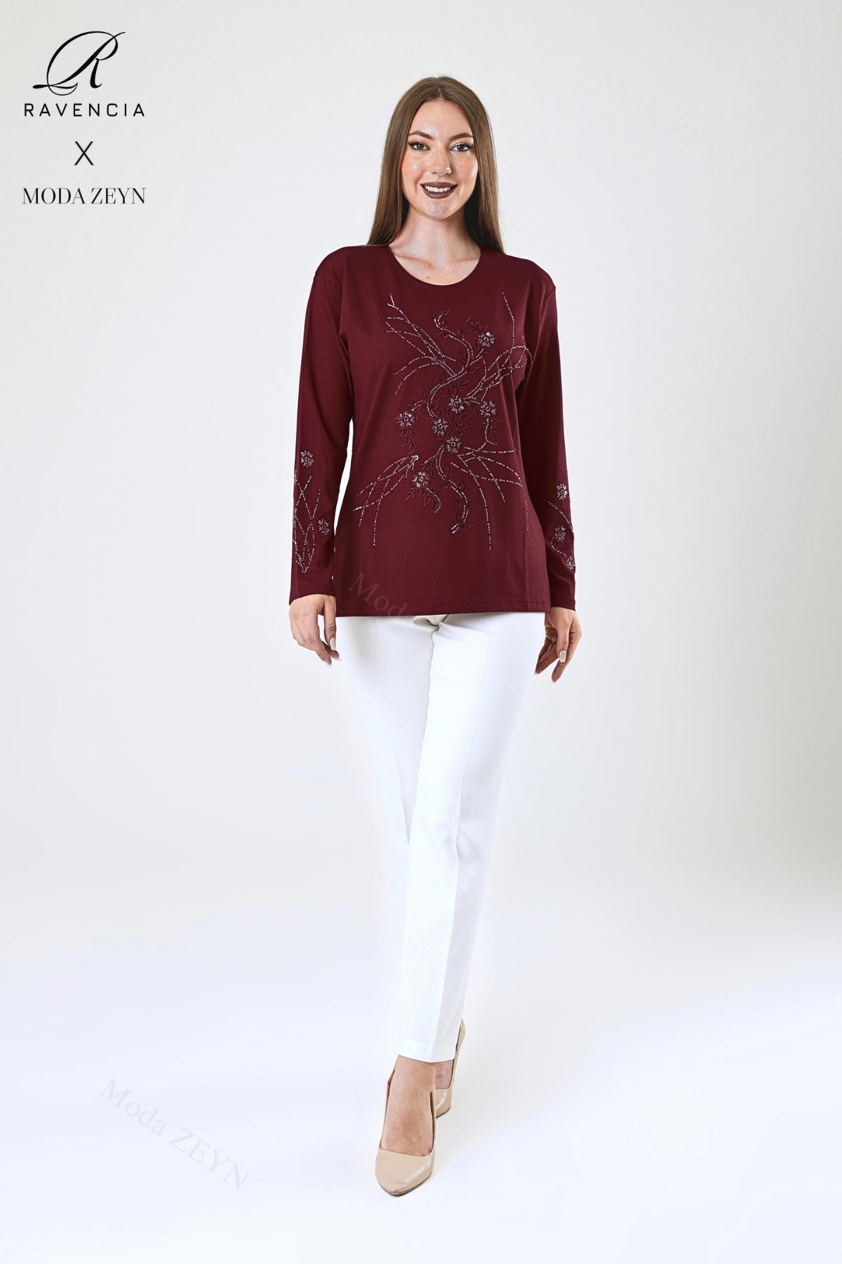 Kadın Orta Yaş Ve Üzeri Viskon Yeni Kaplama Desen Taşlı Işlemeli Likralı Zümrüt Anne Penye Bluz