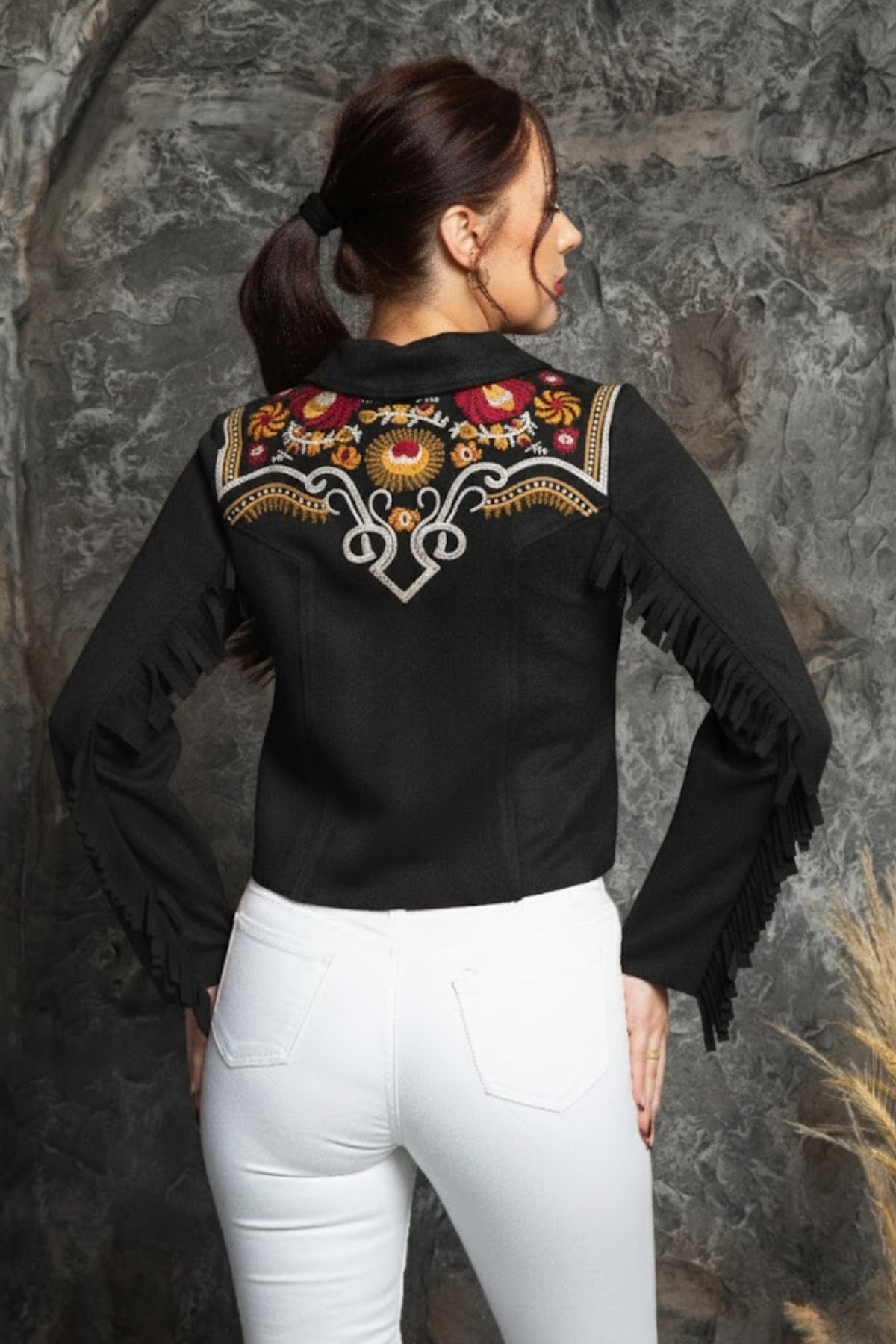 Kadın Western Süet Püsküllü Nakışlı Ceket