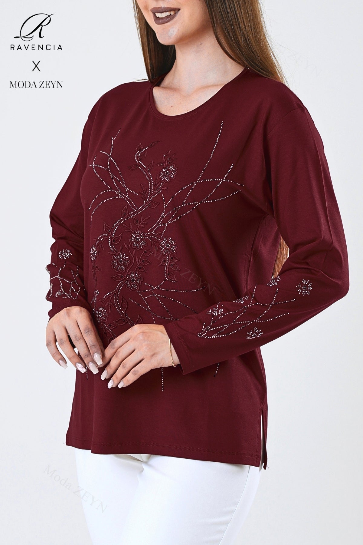 Kadın Orta Yaş Ve Üzeri Viskon Yeni Kaplama Desen Taşlı Işlemeli Likralı Zümrüt Anne Penye Bluz