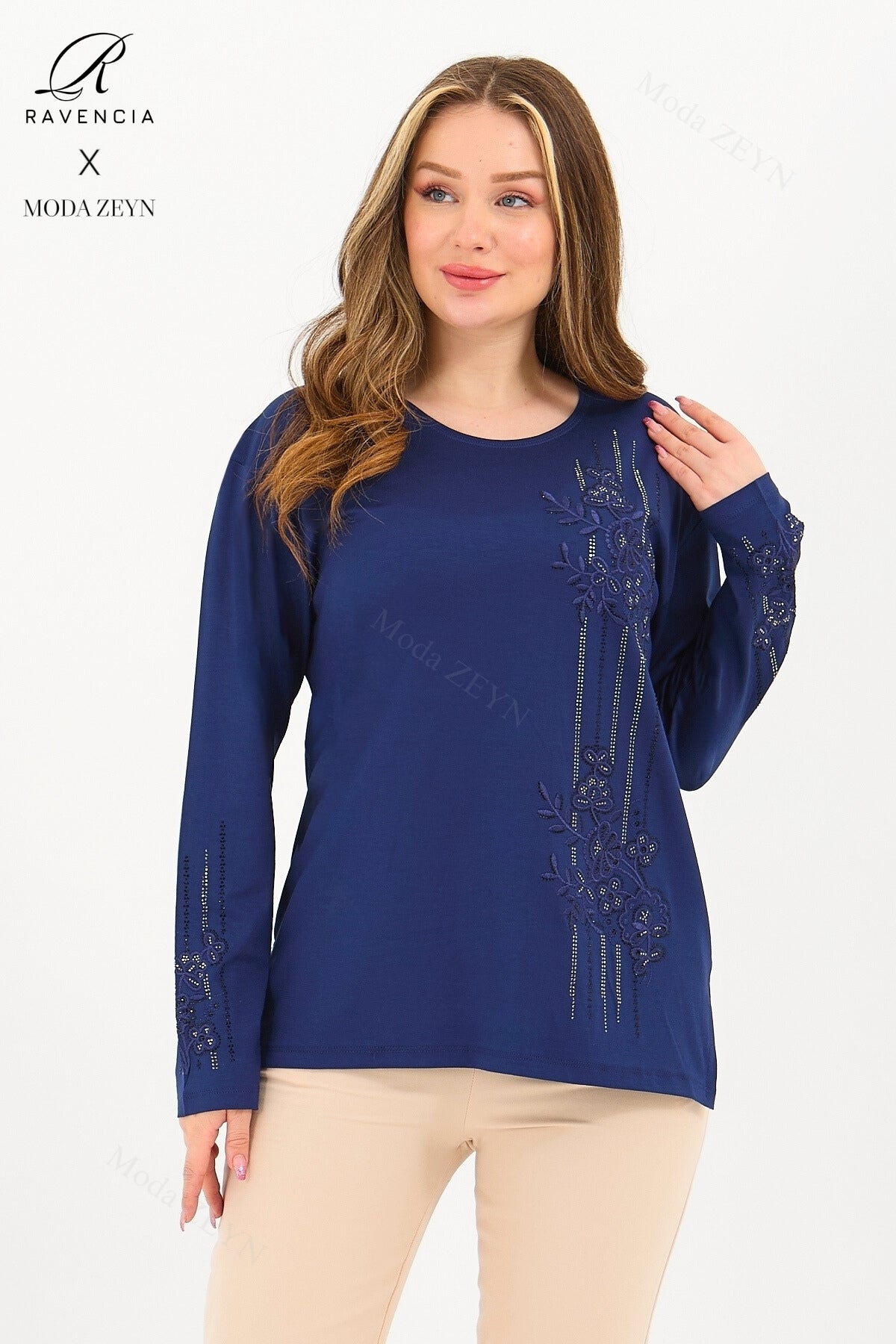 Kadın Orta Yaş Ve Üzeri Viskon Şerit Desen Taşlı Işlemeli Likralı Koyu Kahverengi Anne Penye Bluz