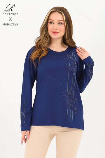 Kadın Orta Yaş Ve Üzeri Viskon Şerit Desen Taşlı Işlemeli Likralı Koyu Kahverengi Anne Penye Bluz