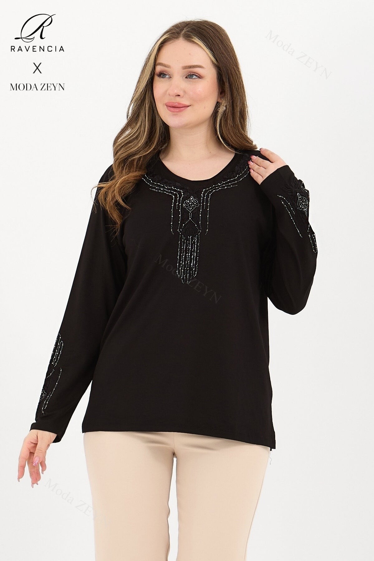 Kadın Orta Yaş Ve Üzeri Viskon Madolyon Desen Taşlı Işlemeli Likralı Anne Penye Bluz