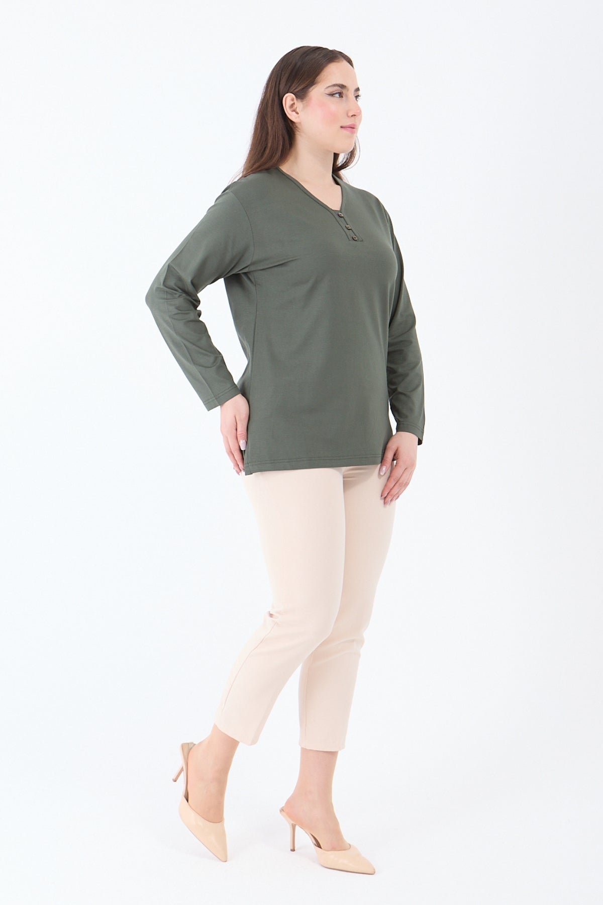 Kadın V Yaka Likralı Viskon Anne Penye Bluz