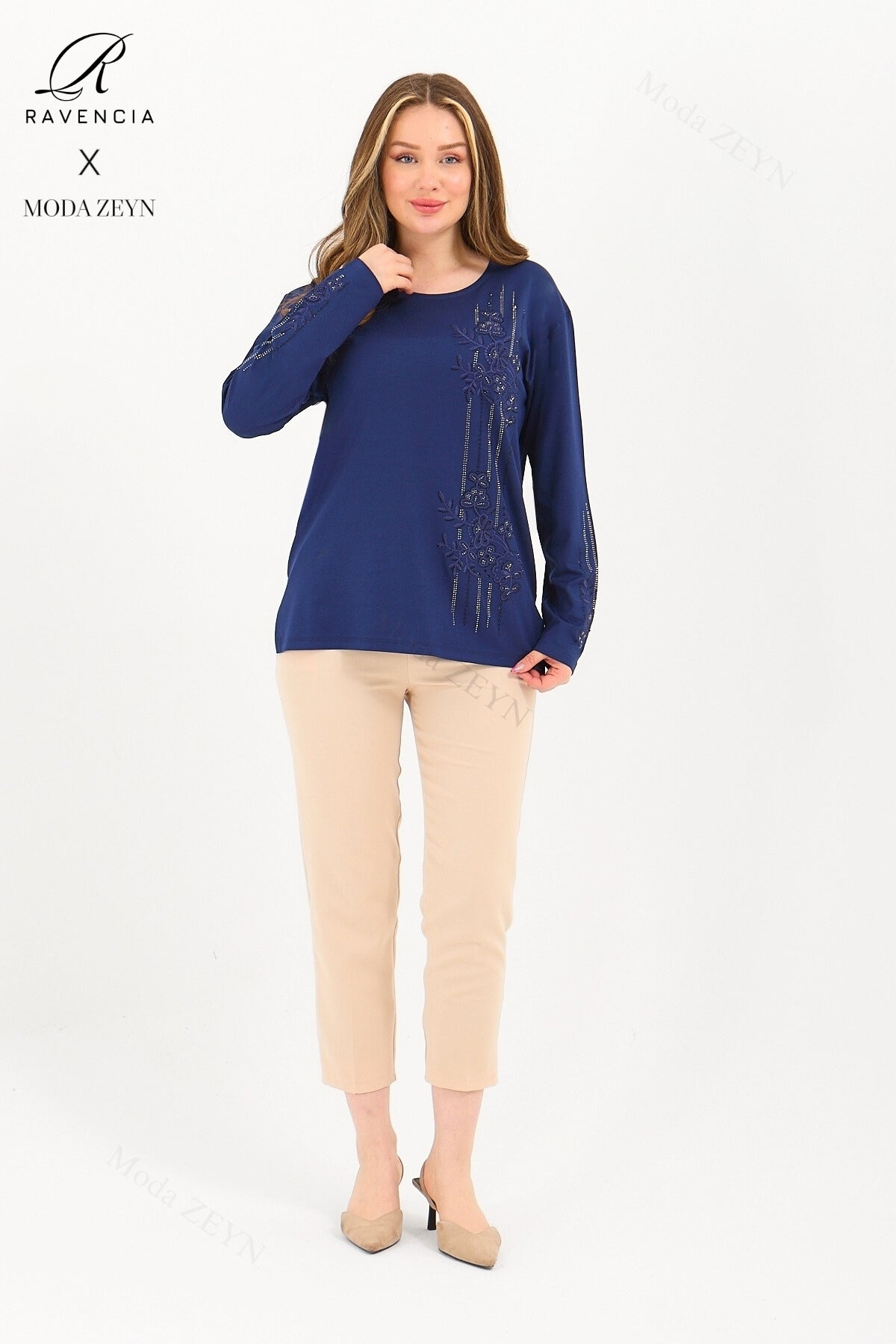 Kadın Orta Yaş Ve Üzeri Viskon Şerit Desen Taşlı Işlemeli Likralı Koyu Kahverengi Anne Penye Bluz