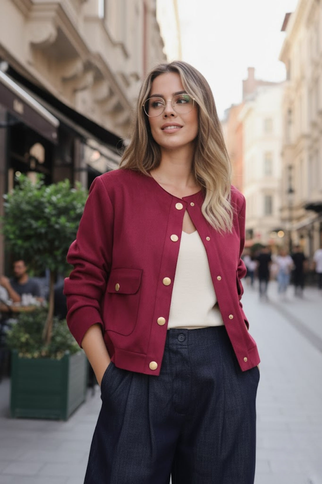 Kadın Güderi Gold Düğmeli Cepli Bordo Ceket