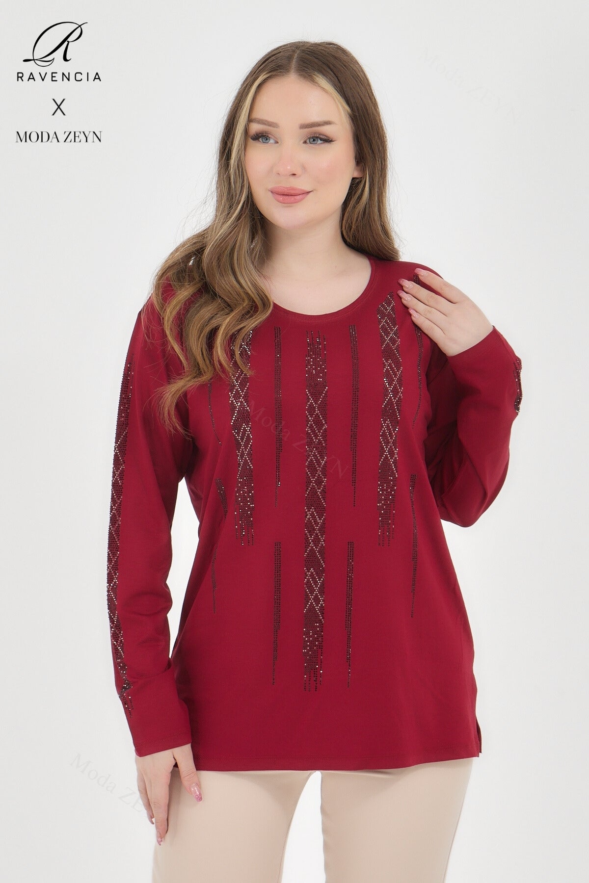 Kadın Viskon Düz Cizgi Taşlı İşlemeli Likralı Anne Penye Bluz