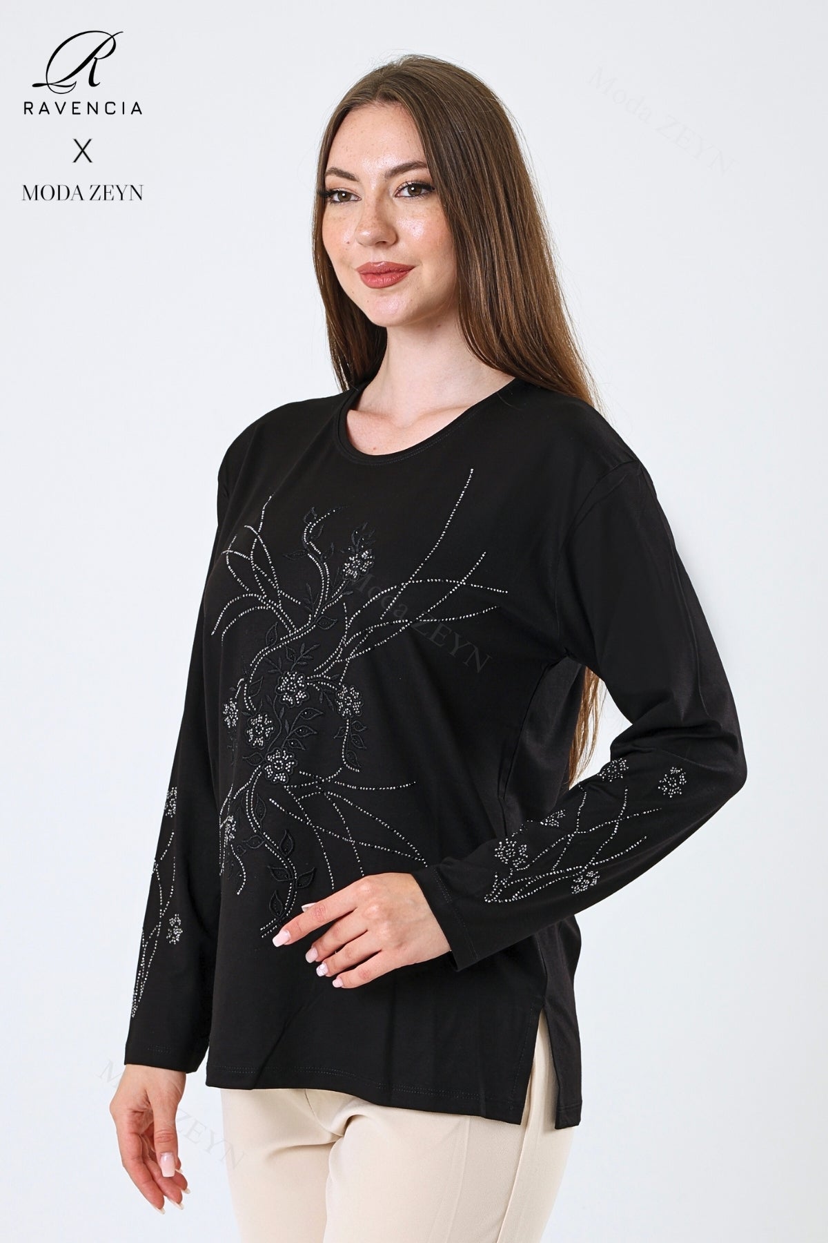 Kadın Orta Yaş Ve Üzeri Viskon Yeni Kaplama Desen Taşlı Işlemeli Likralı Zümrüt Anne Penye Bluz