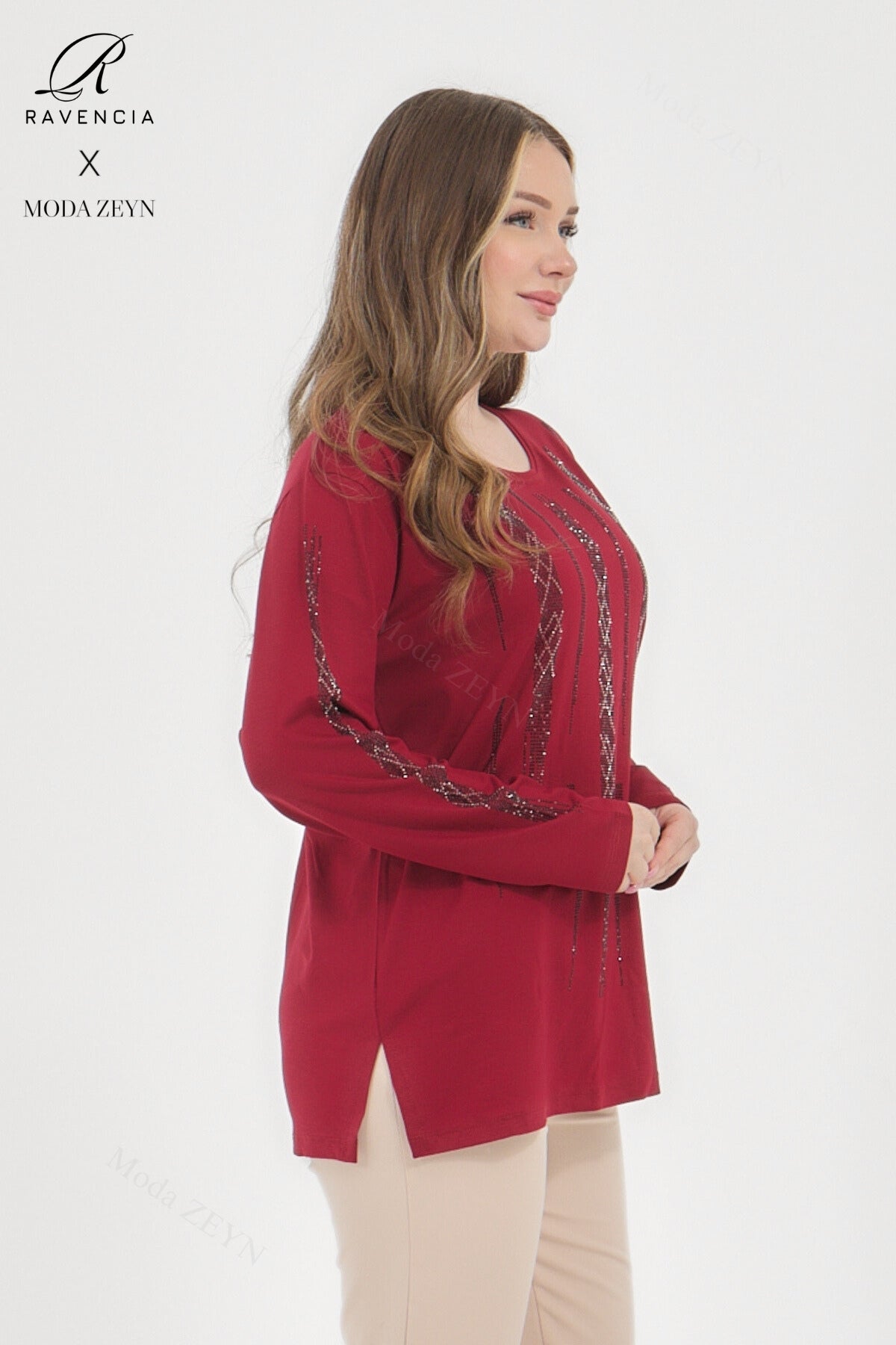 Kadın Viskon Düz Cizgi Taşlı İşlemeli Likralı Anne Penye Bluz