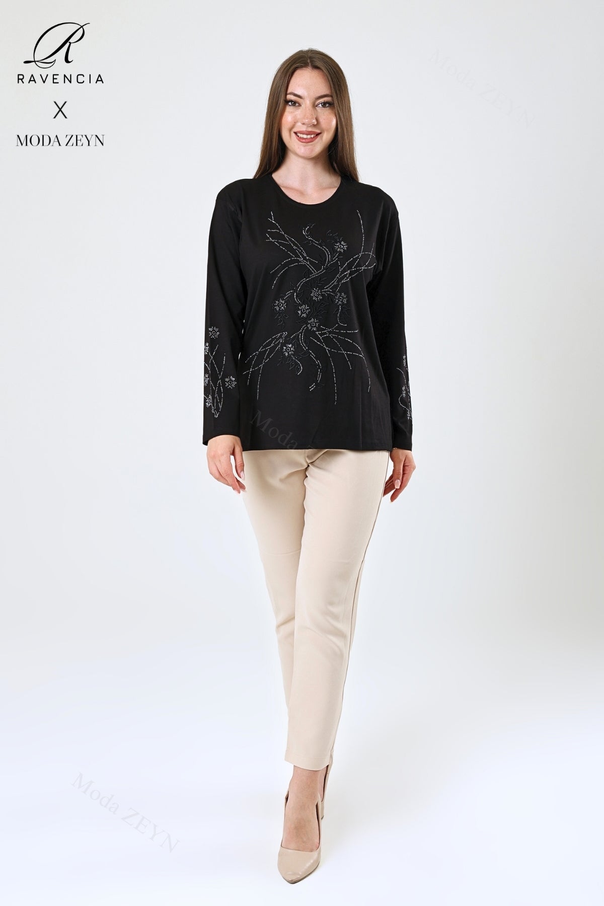 Kadın Viskon Yeni Kaplama Desen Taşlı Işlemeli Likralı Anne Penye Bluz