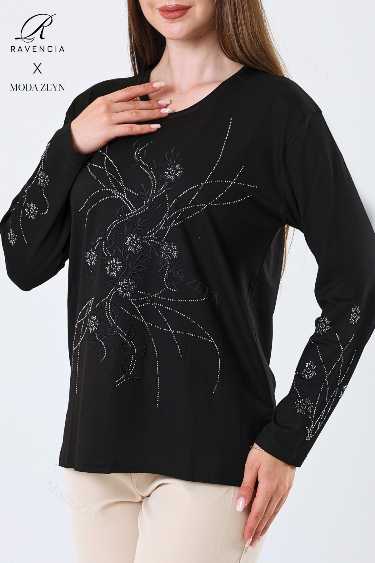 Kadın Viskon Yeni Kaplama Desen Taşlı Işlemeli Likralı Anne Penye Bluz