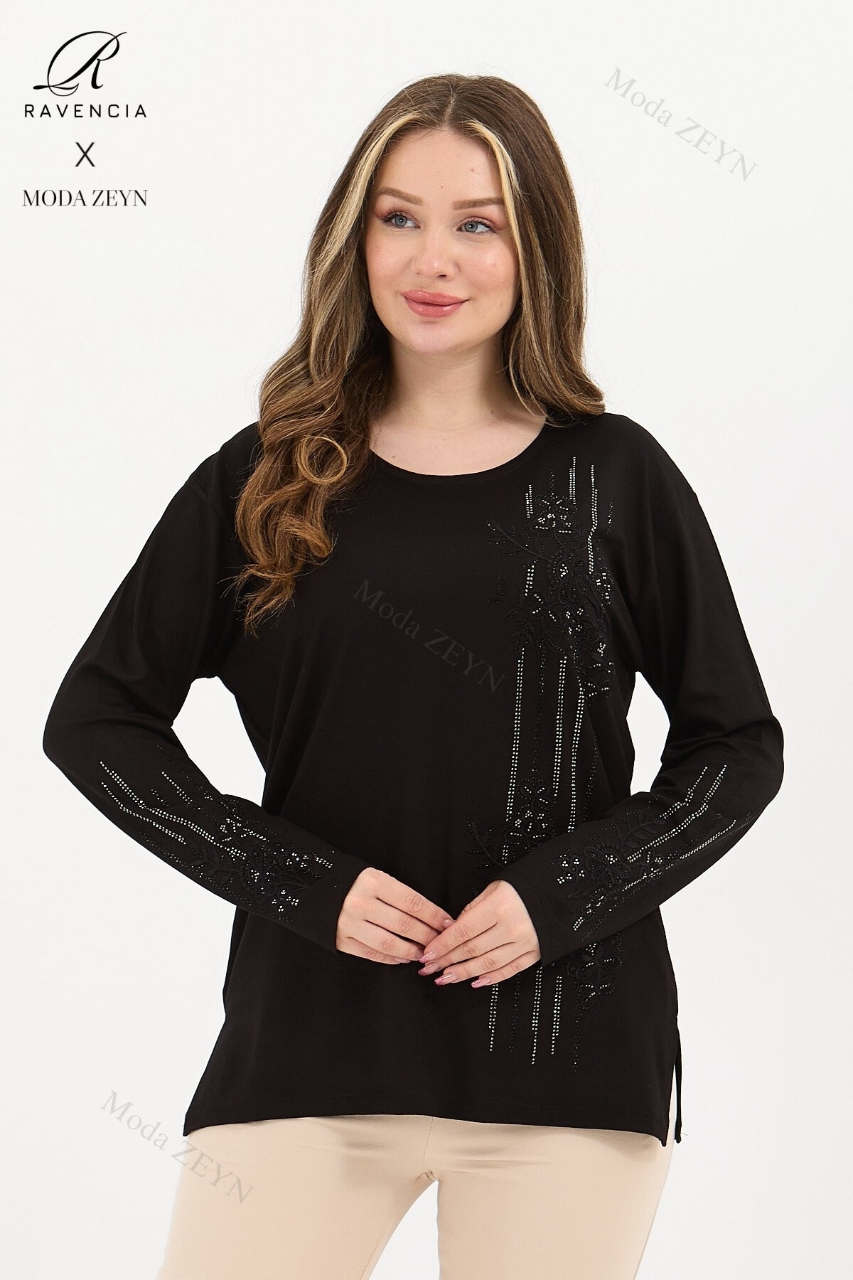 Kadın Orta Yaş Ve Üzeri Viskon Şerit Desen Taşlı Işlemeli Likralı Koyu Kahverengi Anne Penye Bluz