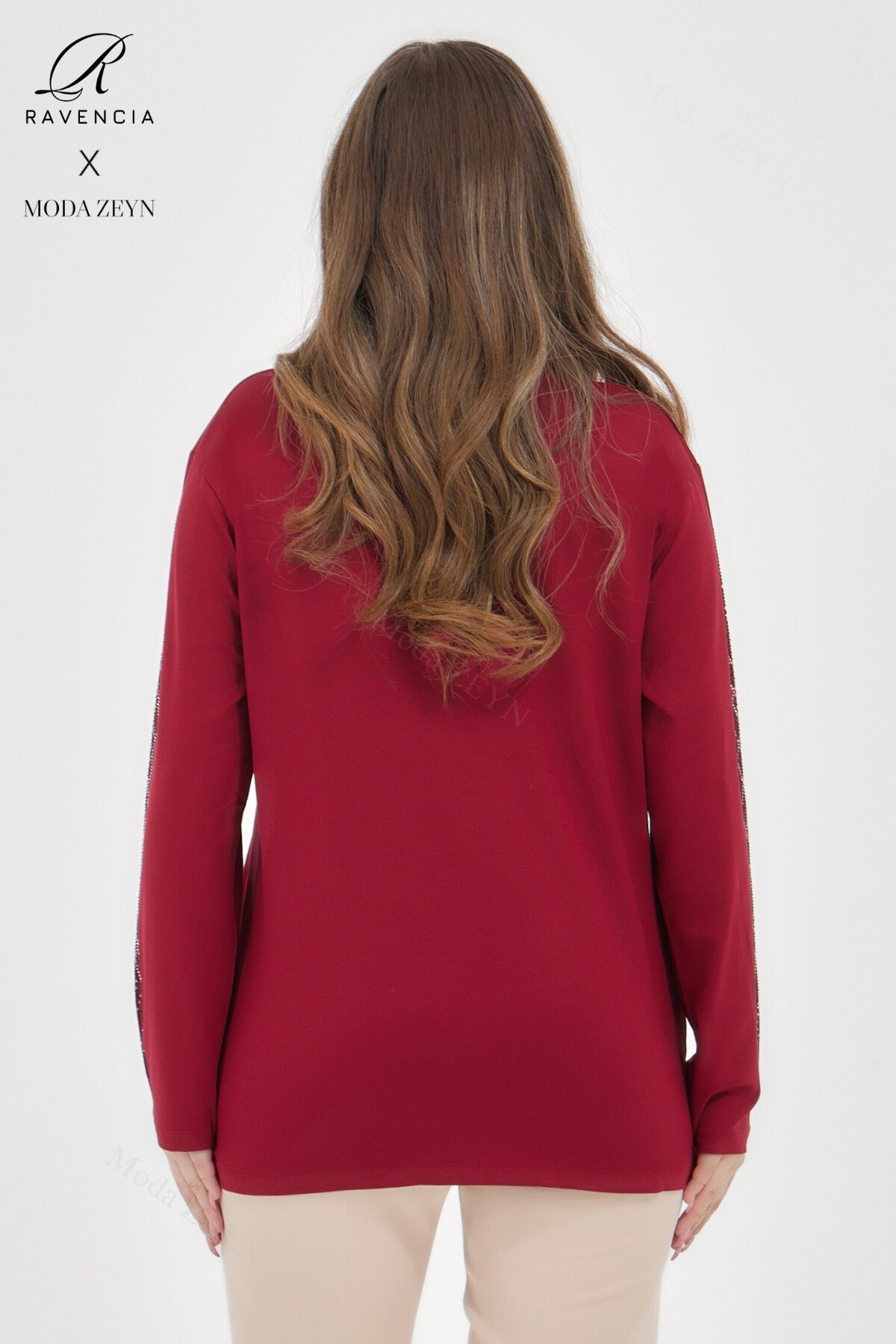 Kadın Viskon Düz Cizgi Taşlı İşlemeli Likralı Anne Penye Bluz