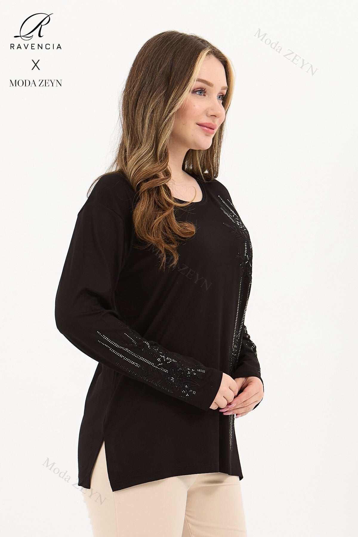 Kadın Orta Yaş Ve Üzeri Viskon Şerit Desen Taşlı Işlemeli Likralı Koyu Kahverengi Anne Penye Bluz