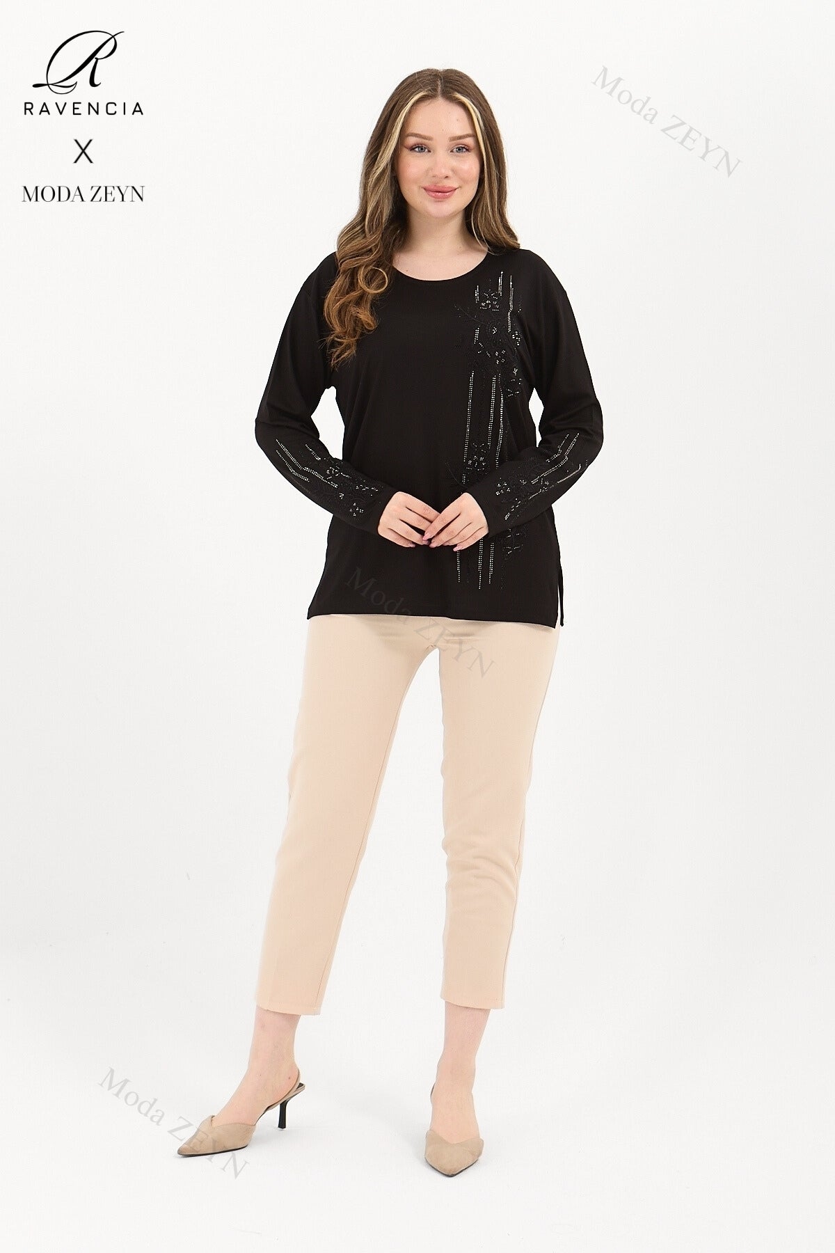 Kadın Orta Yaş Ve Üzeri Viskon Şerit Desen Taşlı Işlemeli Likralı Koyu Kahverengi Anne Penye Bluz