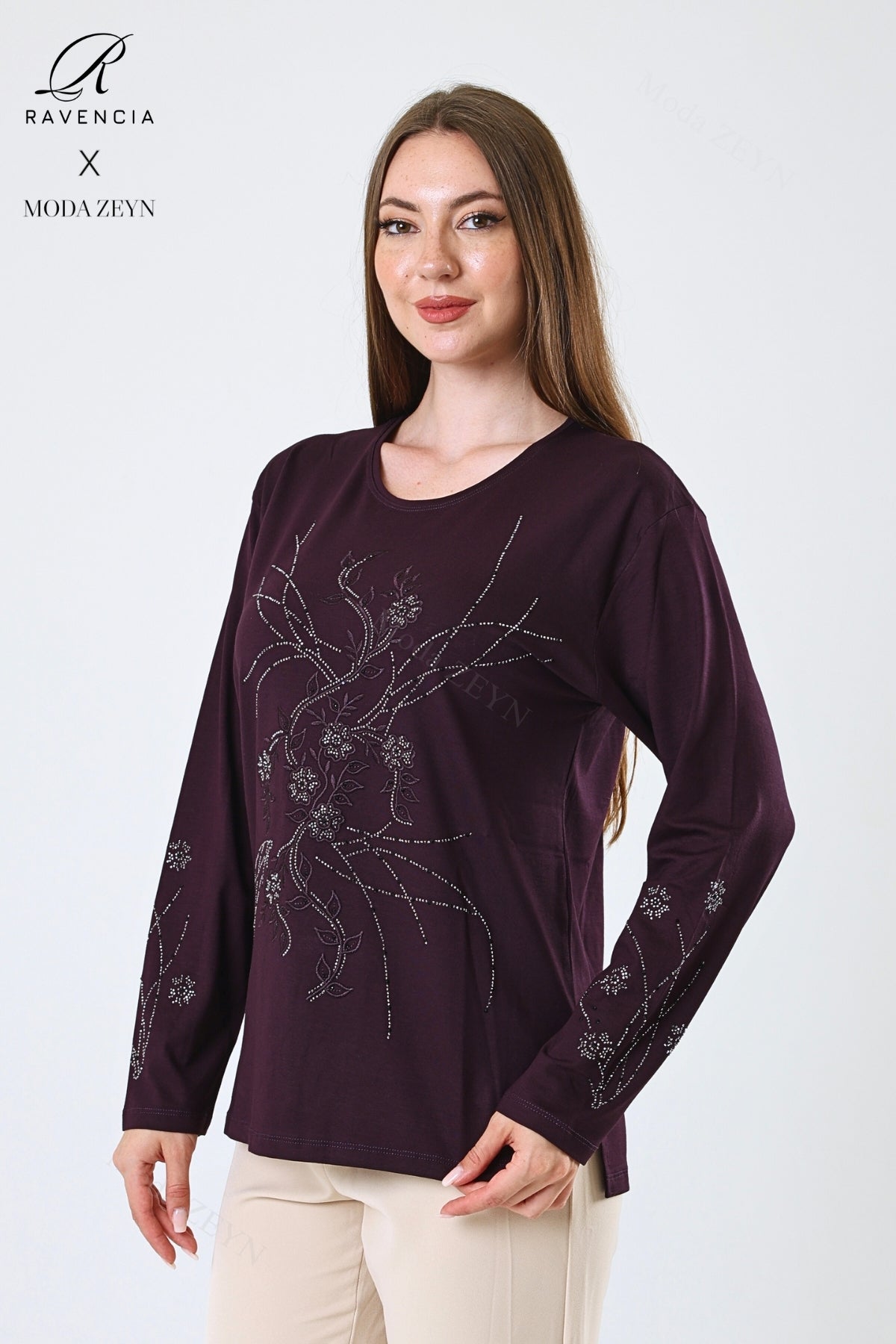 Kadın Orta Yaş Ve Üzeri Viskon Yeni Kaplama Desen Taşlı Işlemeli Likralı Zümrüt Anne Penye Bluz