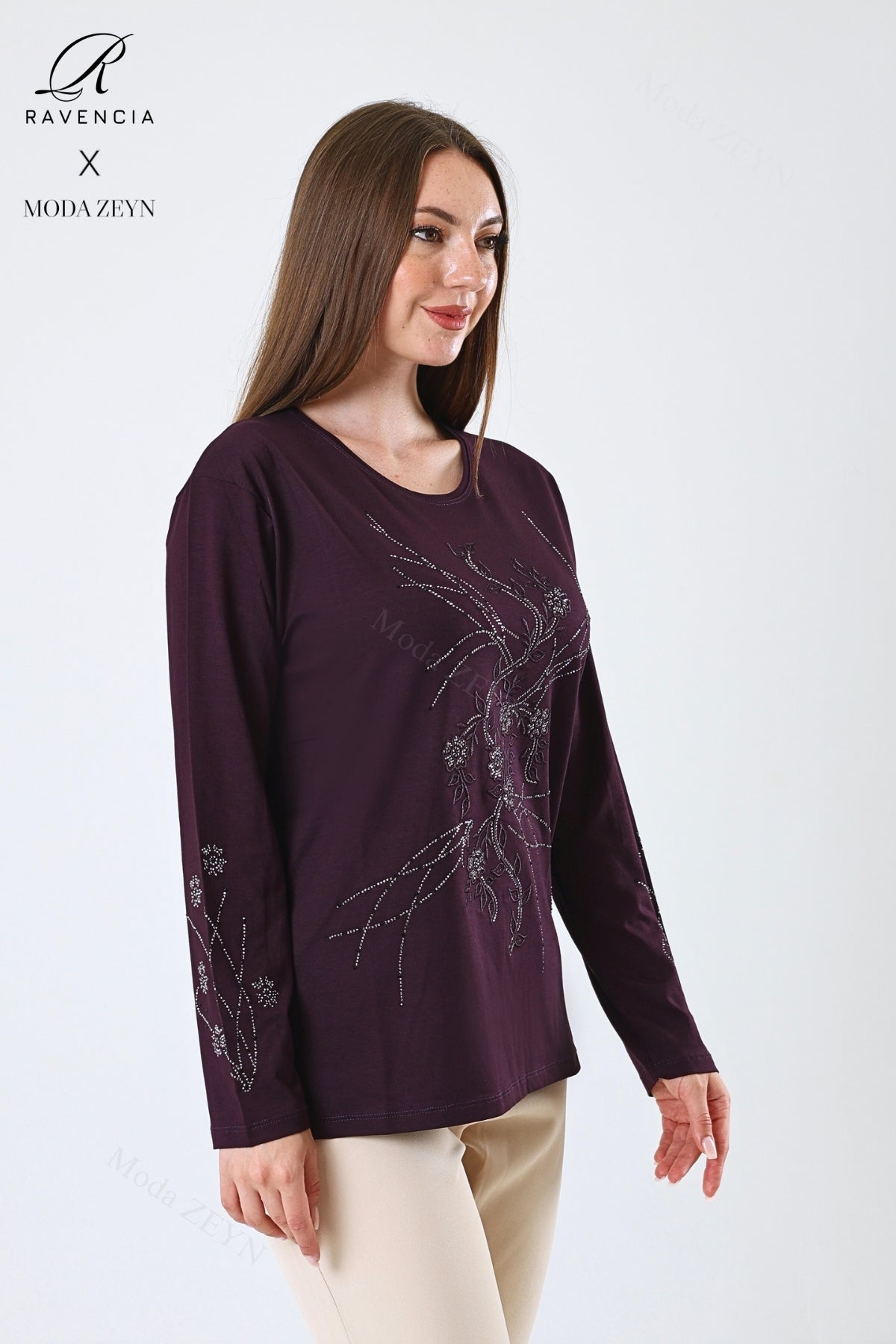 Kadın Viskon Yeni Kaplama Desen Taşlı Işlemeli Likralı Anne Penye Bluz