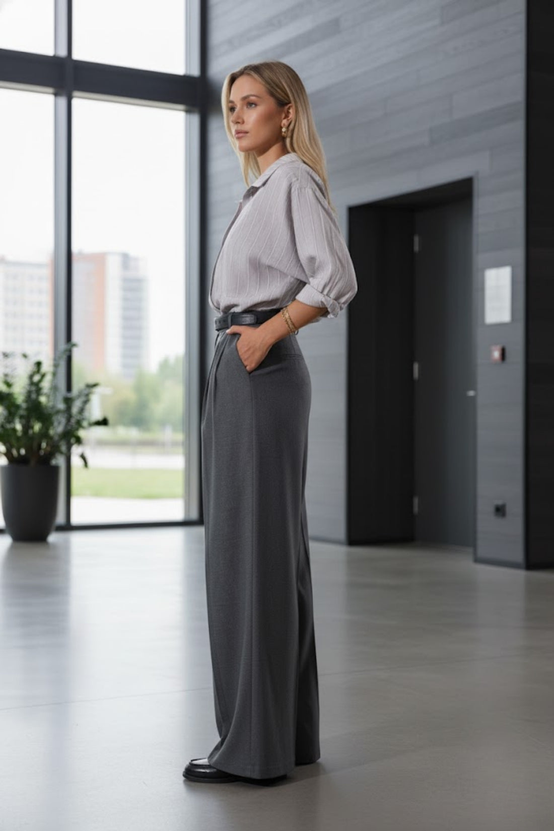 Kadın Premium Kalite Kemerli Gri Palazzo Pantolon