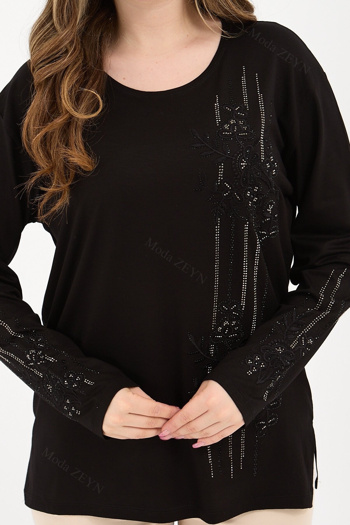 Kadın Orta Yaş Ve Üzeri Viskon Şerit Desen Taşlı Işlemeli Likralı Koyu Kahverengi Anne Penye Bluz