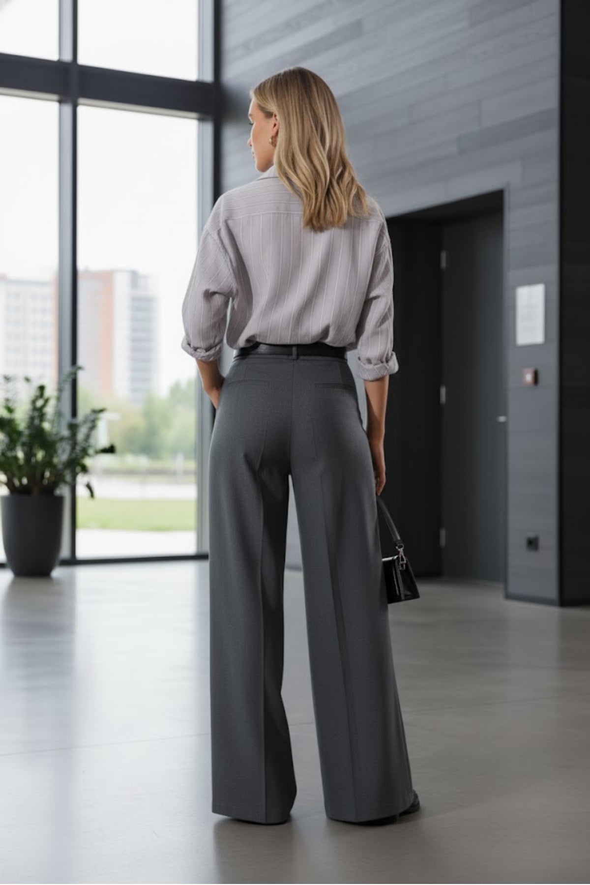 Kadın Premium Kalite Kemerli Gri Palazzo Pantolon