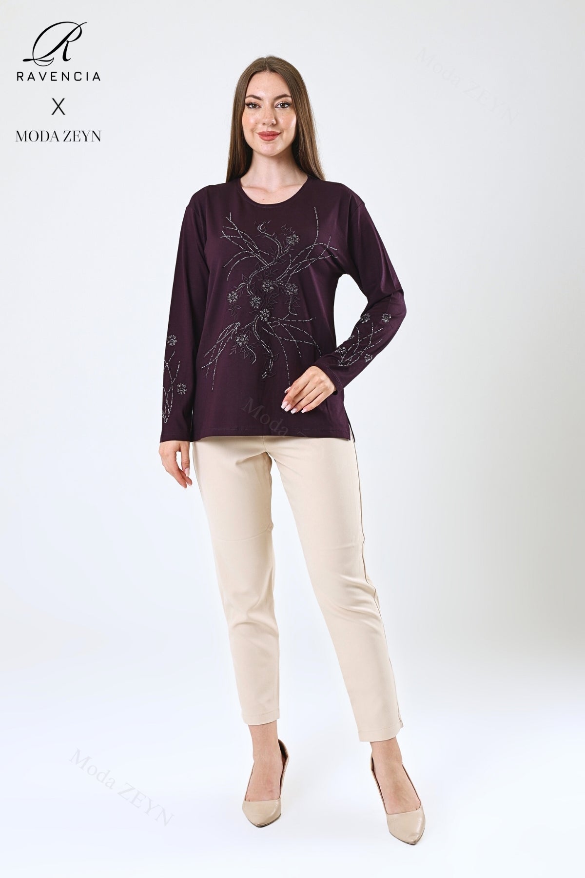 Kadın Viskon Yeni Kaplama Desen Taşlı Işlemeli Likralı Anne Penye Bluz