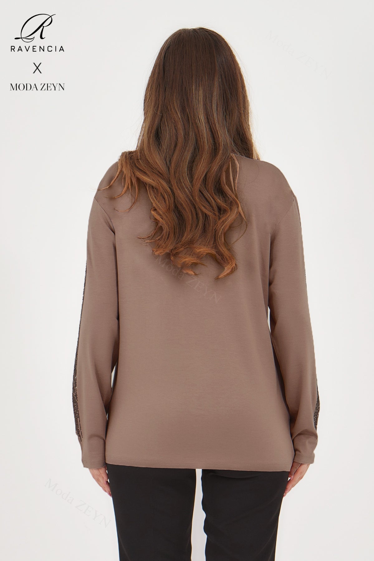 Kadın Viskon Düz Cizgi Taşlı İşlemeli Likralı Anne Penye Bluz