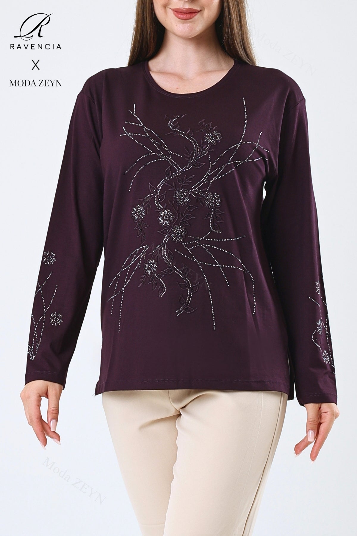 Kadın Orta Yaş Ve Üzeri Viskon Yeni Kaplama Desen Taşlı Işlemeli Likralı Zümrüt Anne Penye Bluz