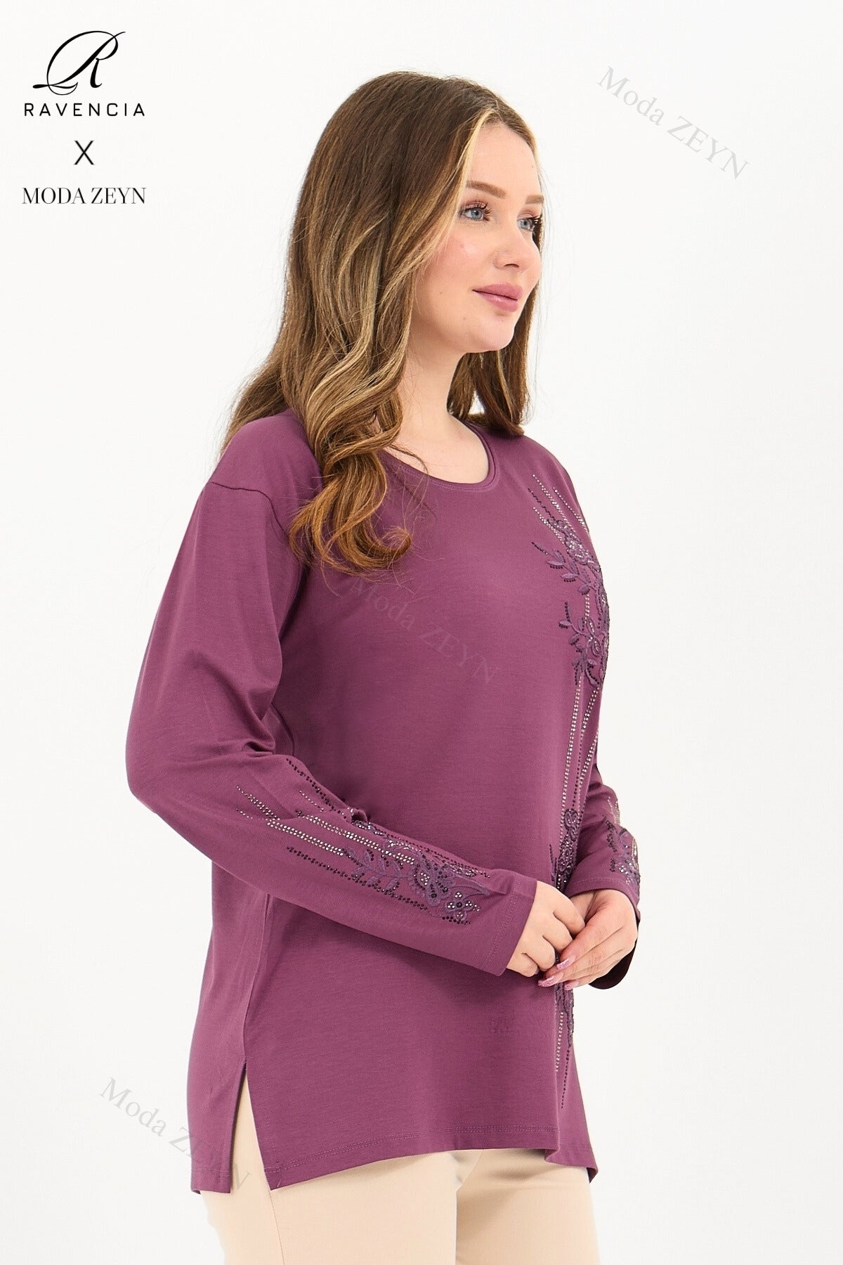 Kadın Orta Yaş Ve Üzeri Viskon Şerit Desen Taşlı Işlemeli Likralı Koyu Kahverengi Anne Penye Bluz