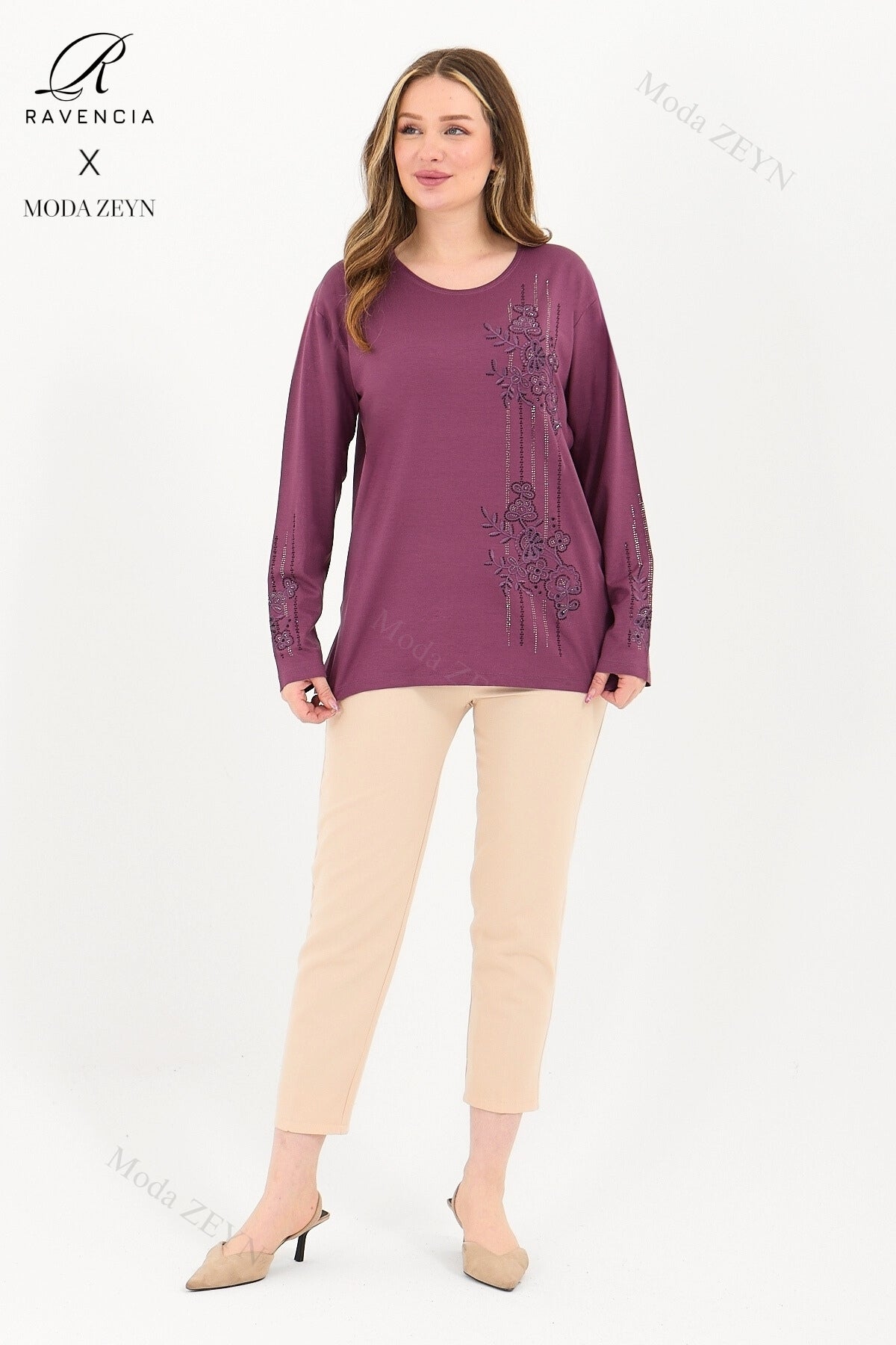 Kadın Orta Yaş Ve Üzeri Viskon Şerit Desen Taşlı Işlemeli Likralı Koyu Kahverengi Anne Penye Bluz