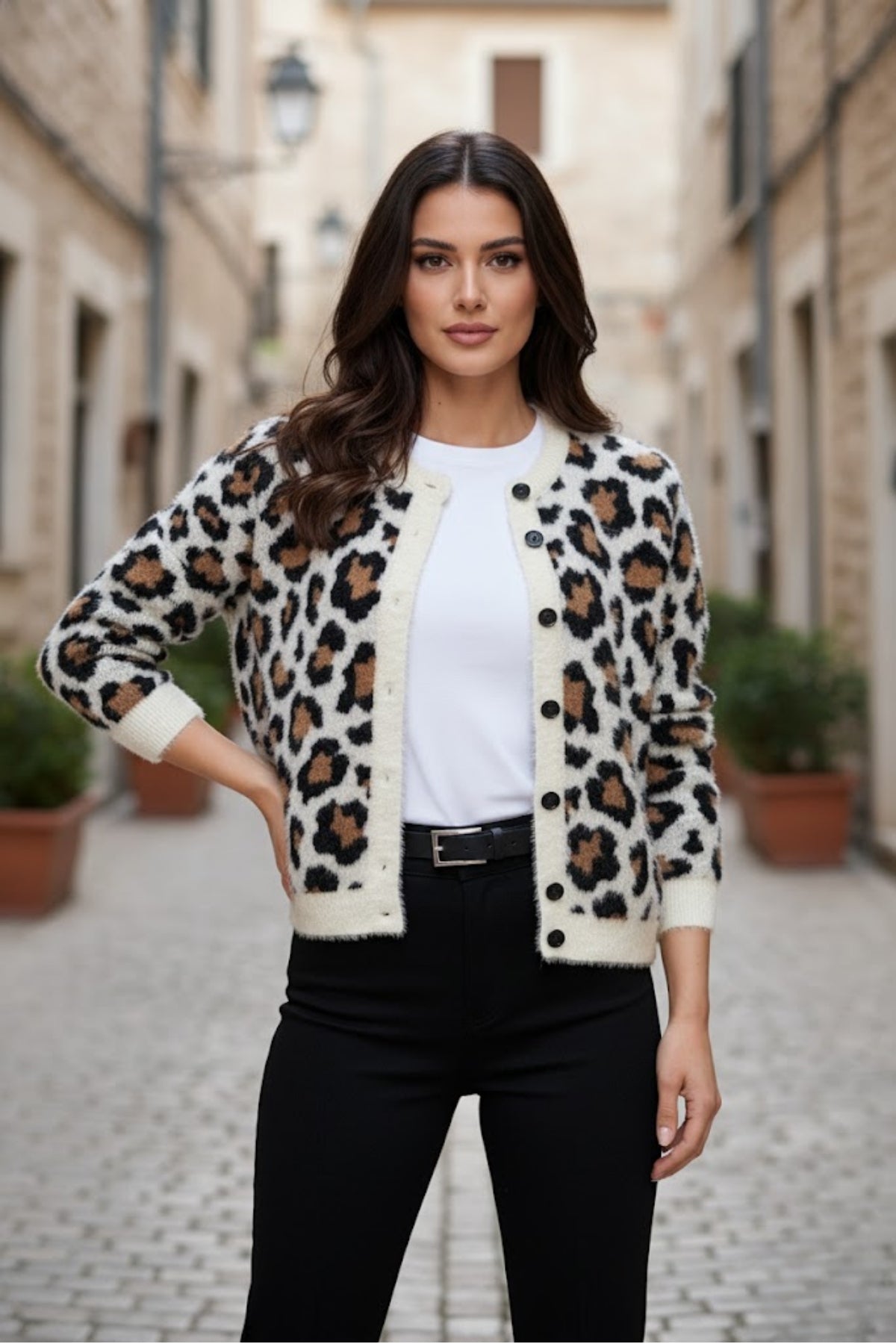 Kadın Premium Leopar Desenli Triko Bisiklet Yaka Hırka