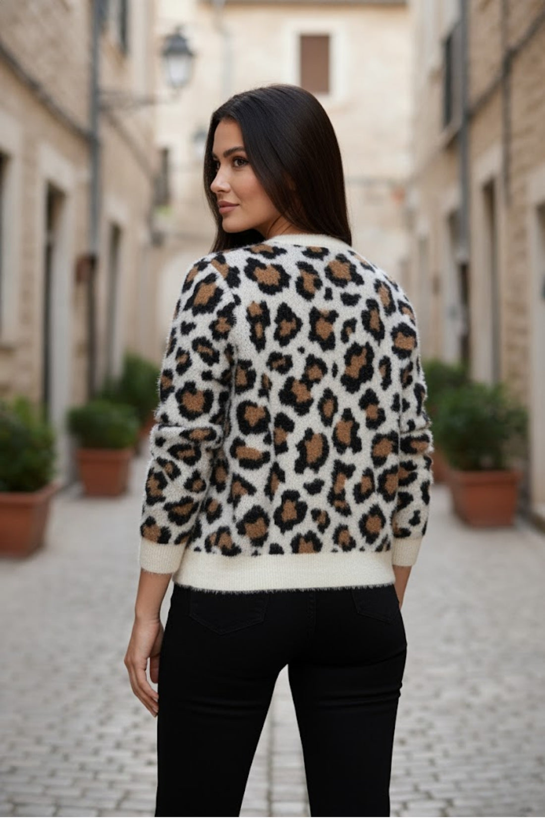 Kadın Premium Leopar Desenli Triko Bisiklet Yaka Hırka