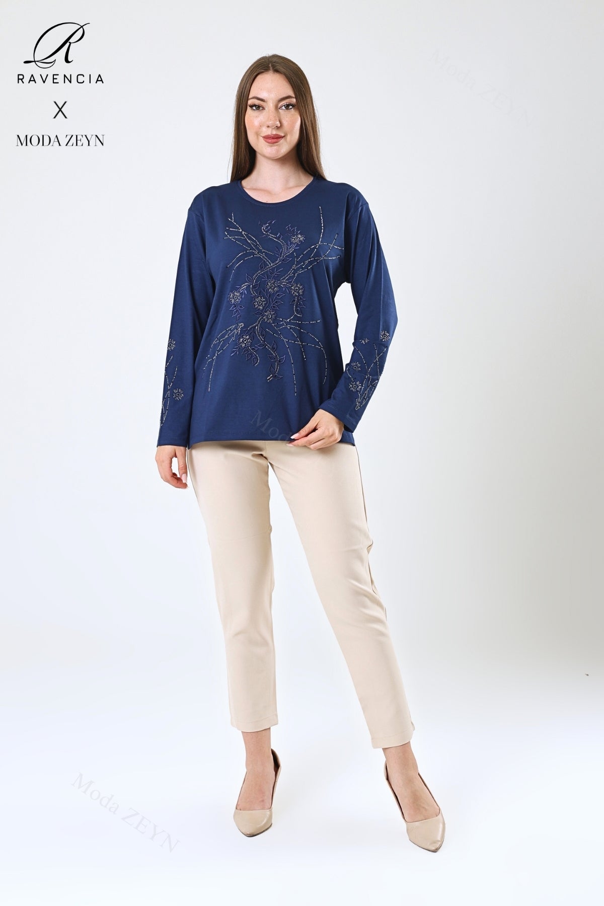 Kadın Viskon Yeni Kaplama Desen Taşlı Işlemeli Likralı Anne Penye Bluz