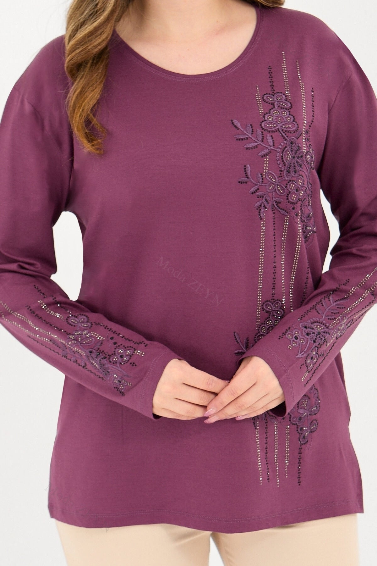 Kadın Orta Yaş Ve Üzeri Viskon Şerit Desen Taşlı Işlemeli Likralı Koyu Kahverengi Anne Penye Bluz