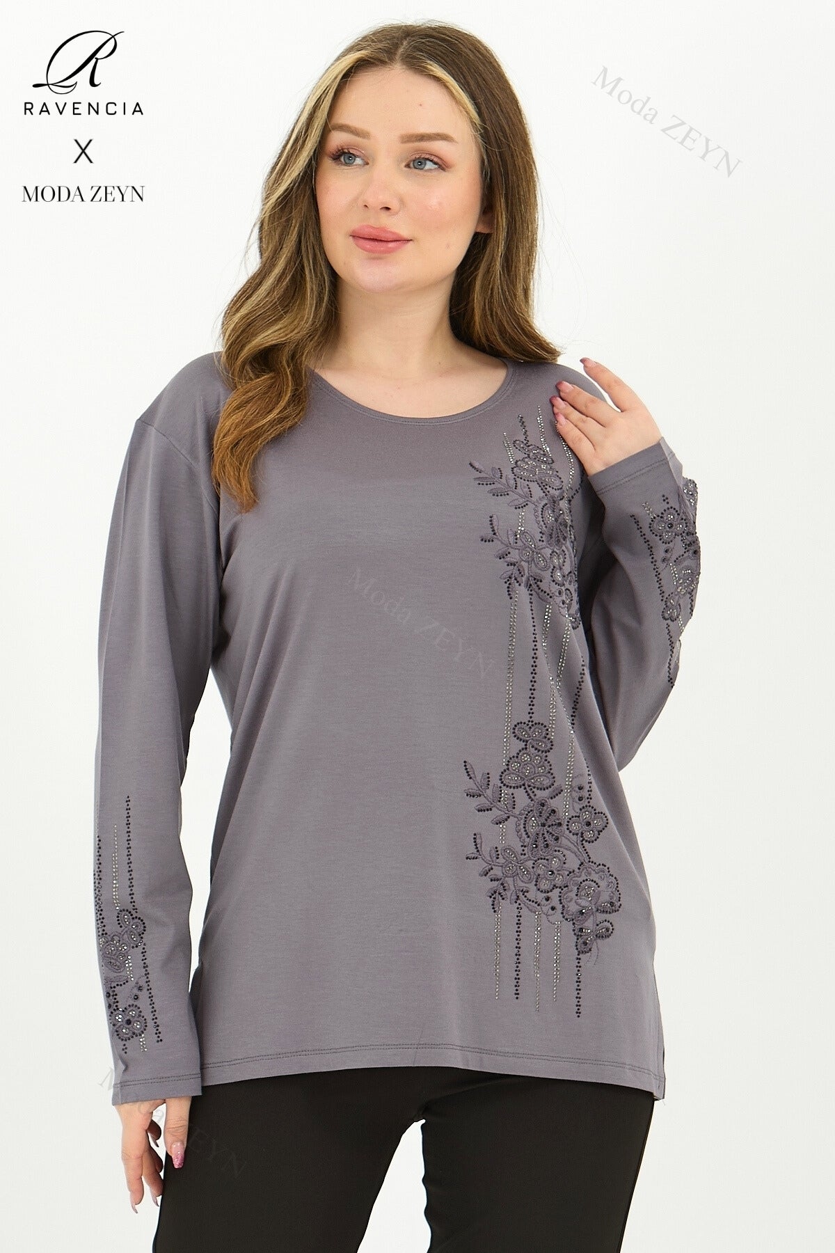 Kadın Orta Yaş Ve Üzeri Viskon Şerit Desen Taşlı Işlemeli Likralı Koyu Kahverengi Anne Penye Bluz