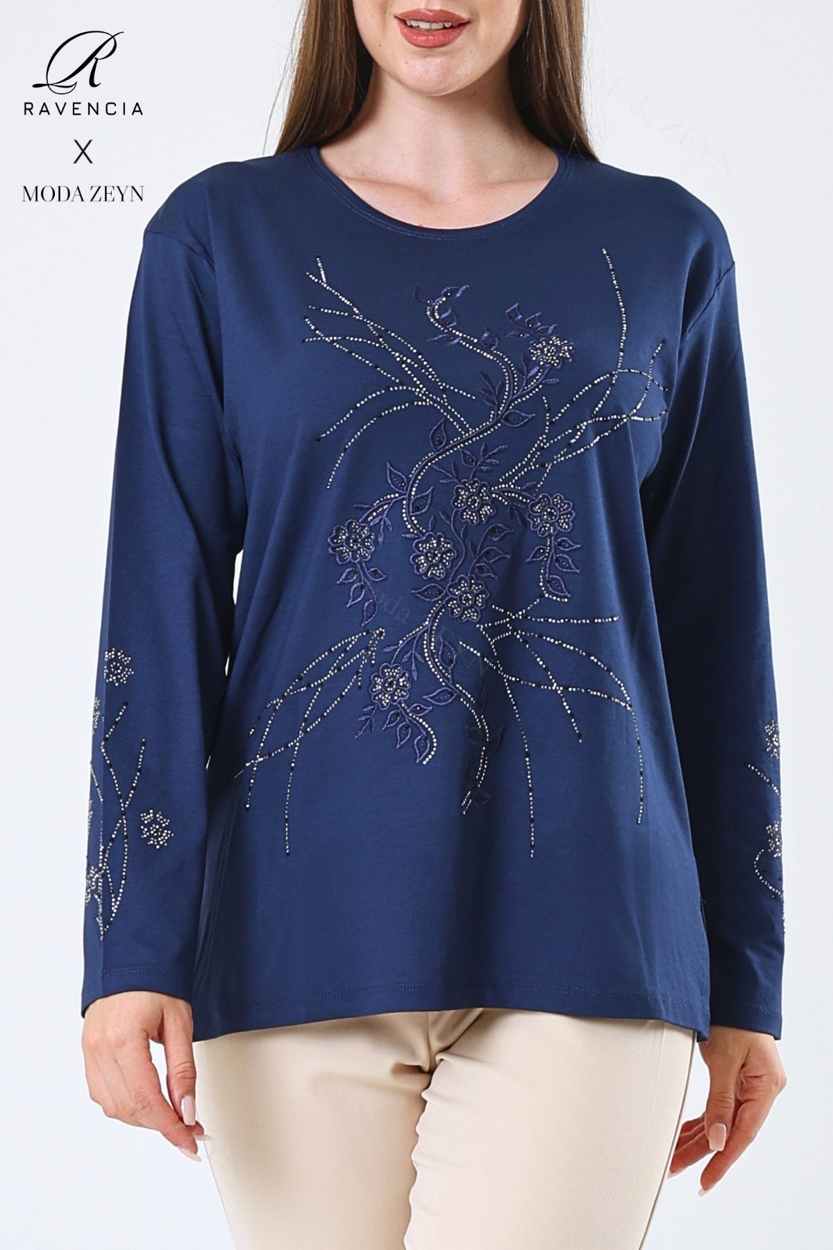 Kadın Orta Yaş Ve Üzeri Viskon Yeni Kaplama Desen Taşlı Işlemeli Likralı Zümrüt Anne Penye Bluz